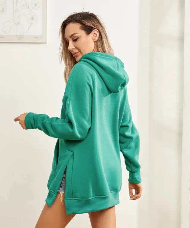 Women's Brushed Split Hoodie With Shoulder Sleeves Green - Shop at LoveMi