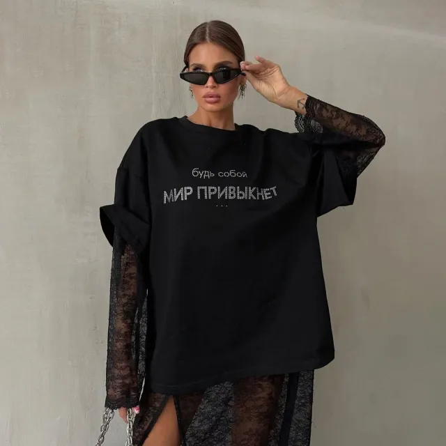 European And American Rhinestone Top Loose T shirt Black - Shop at LoveMi