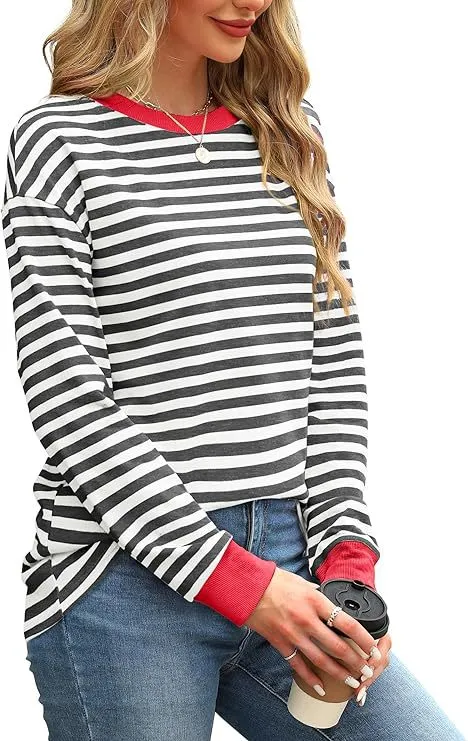 Fashion Color Contrast Loose Round Neck Striped Long Sleeve Gray - Shop at LoveMi