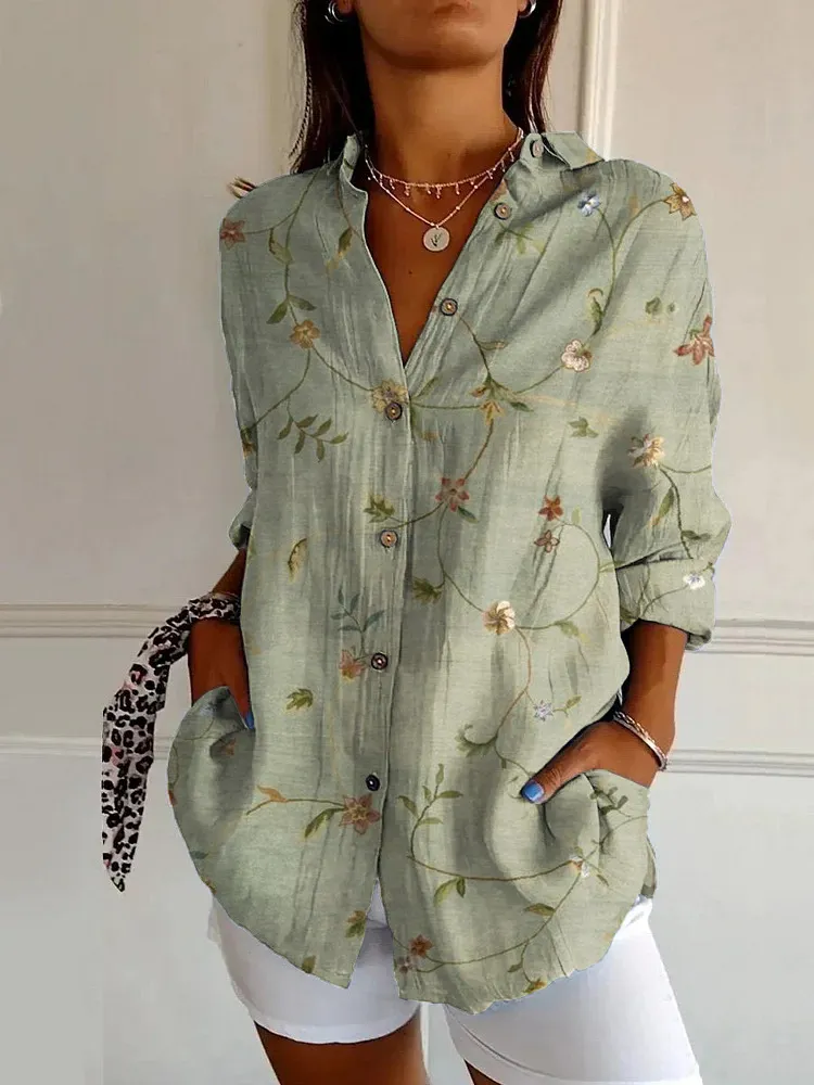 Flowers Print Long Sleeve Shirt Fashion Stand Collar Button Tops For Women Clothing - Yj4963Gn