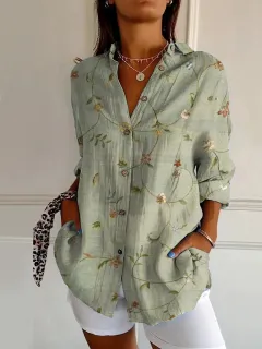 Flowers Print Long Sleeve Shirt Fashion Stand Collar Button Tops For Women Clothing - Yj4963Gn - View 1