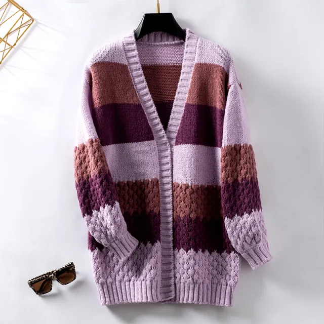 Drizzling Contrast Color Striped European And American Sweater Cardigan For Women Purple - Shop at LoveMi