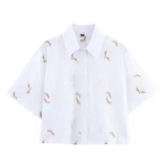 Puff Sleeve Embroidered Flower Shirt Shorts - Top - View 1