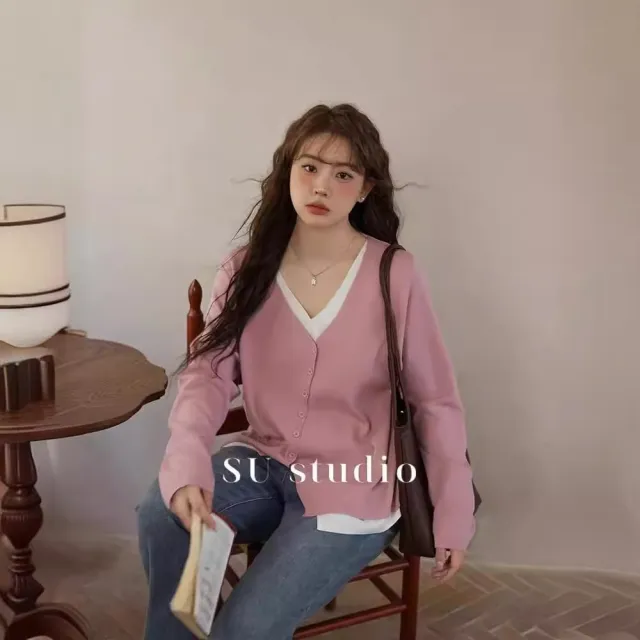 Plus size V neck Faux Two piece Asymmetrical Slant knit Sweater Pink - Shop at LoveMi