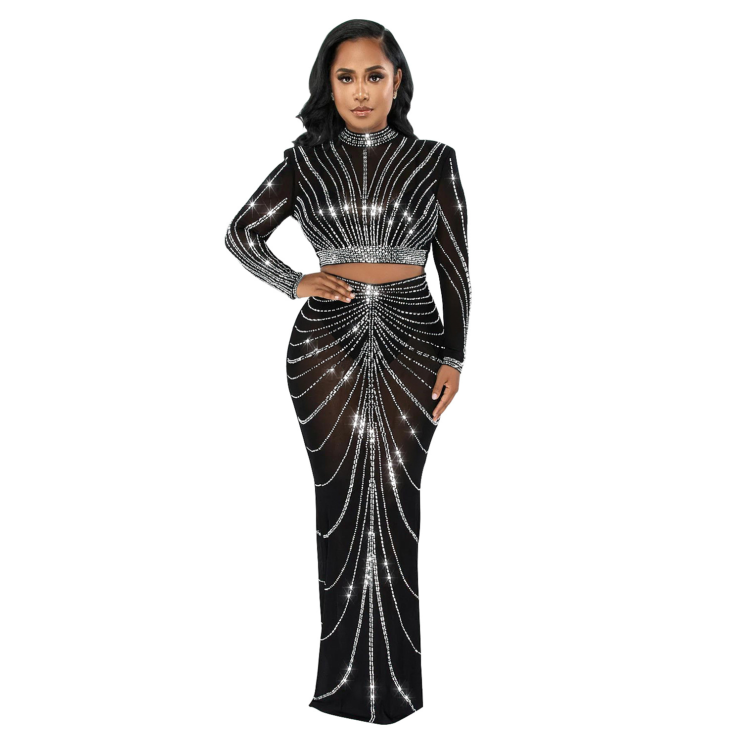 Fashion Women's Wear Mesh Hot Drilling See-through Long Sleeve Dress Two-piece Set