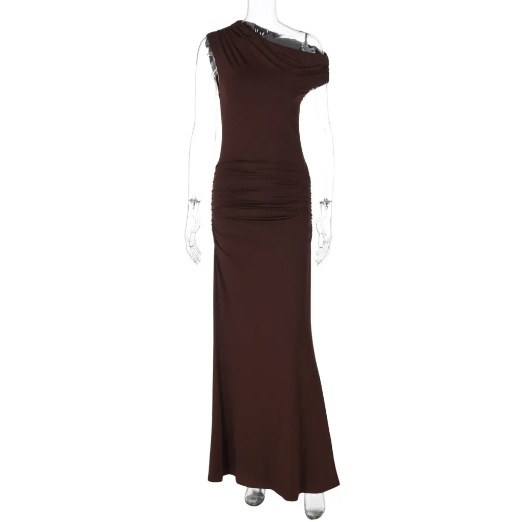 Fashion Pleated Waist Tight Slimming And Shoulder Hollow Sexy Solid Color Dress - Brown