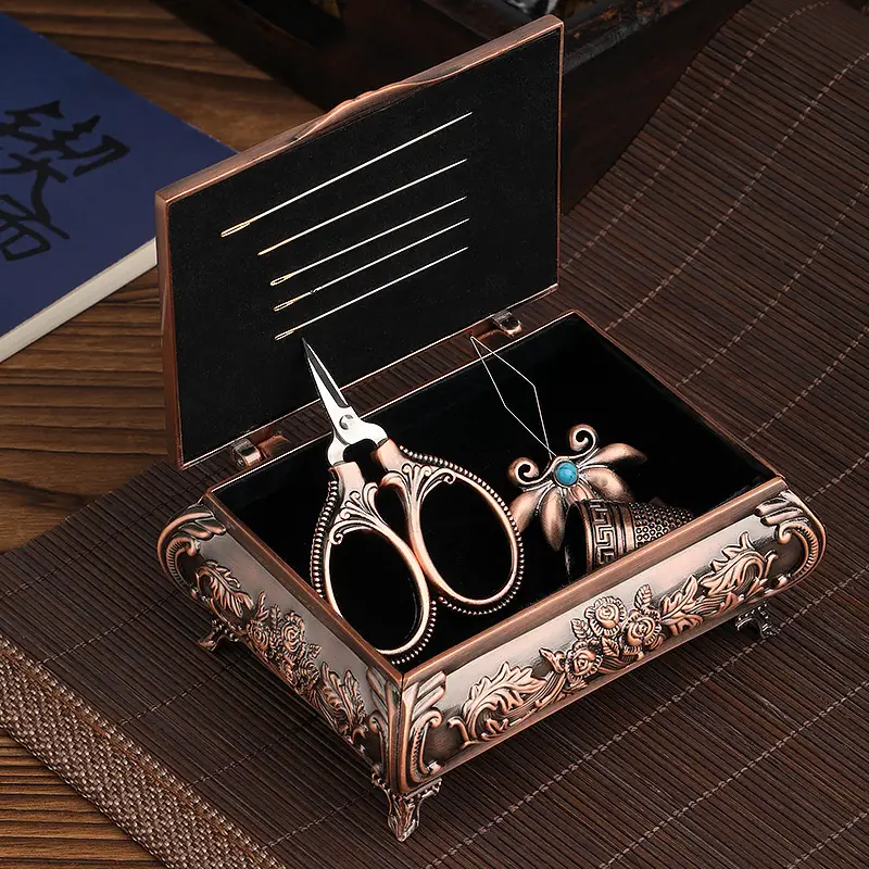 European-style Classical Carved Red Bronze Flower Sucker Pin Storage Box Household Multi-functional Sewing Tool Sewing Kit