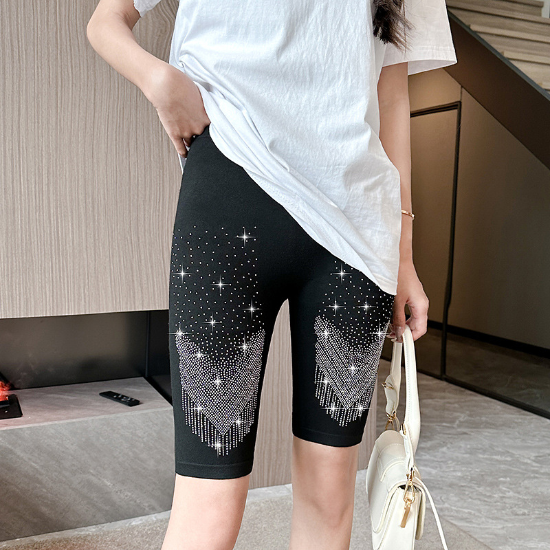 Women's Fashionable Simple Rhinestone Tight Five point Leggings V Word Starry Sky Average Size - Shop at LoveMi