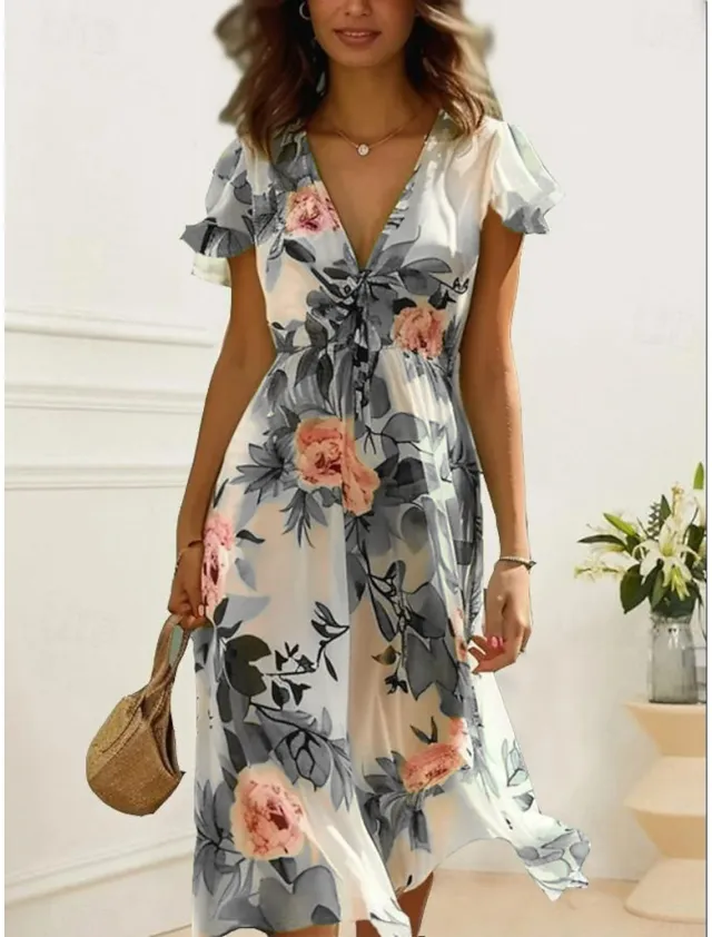Printed Bohemian Women's V neck Mid length Dress Gray - Shop at LoveMi