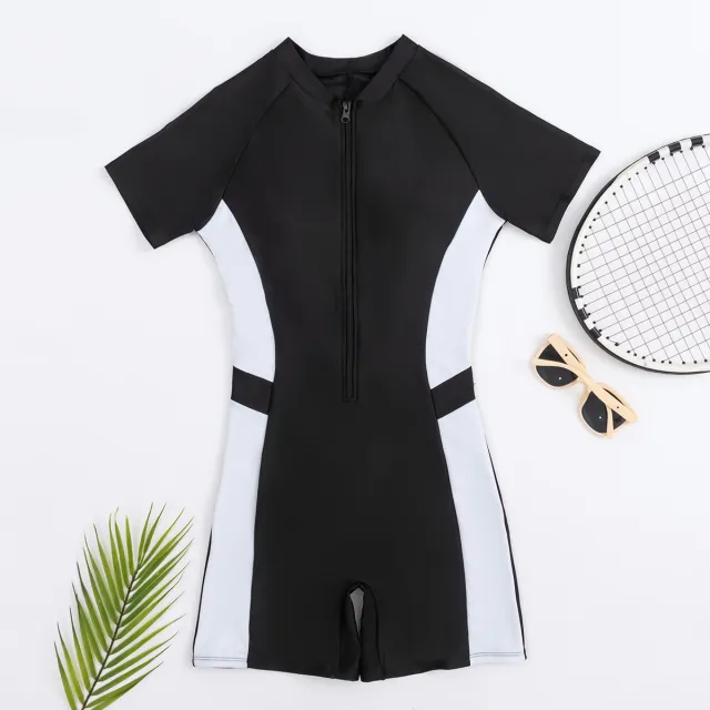 One piece Swimsuit Short Sleeve Boxer Women's Swimsuit Black - Shop at LoveMi