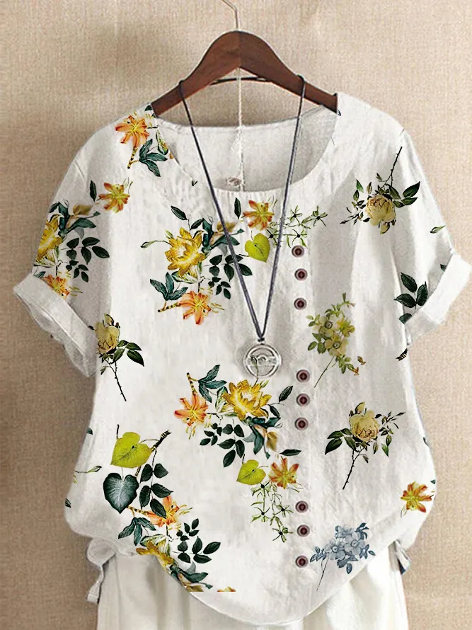 Retro Cotton And Linen Printed Loose Casual Shirt Short-sleeved T-shirt For Women - Yellow Flower 8