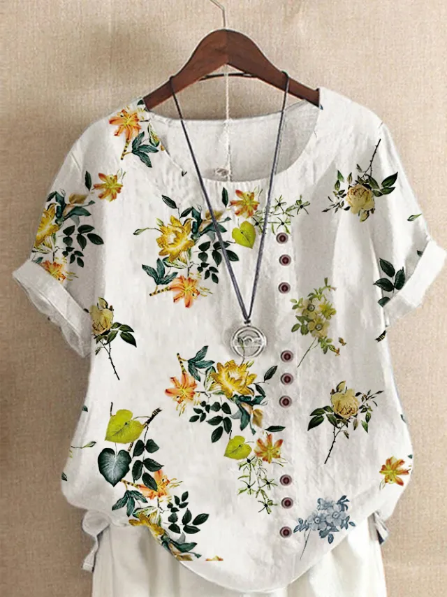 Retro Cotton And Linen Printed Loose Casual Shirt Short sleeved T shirt For Women Yellow Flower 8 - Shop at LoveMi