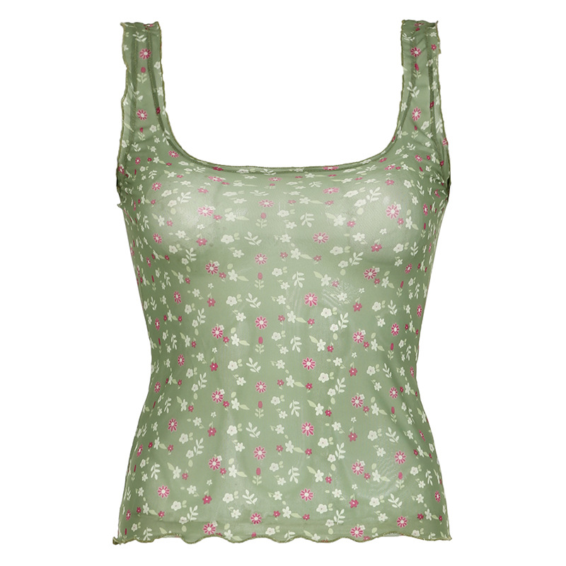 Floral Contrast Color Mesh See-through Square Collar Sling Top