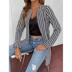 Women's Clothing Houndstooth Long Coat - Color - View 1