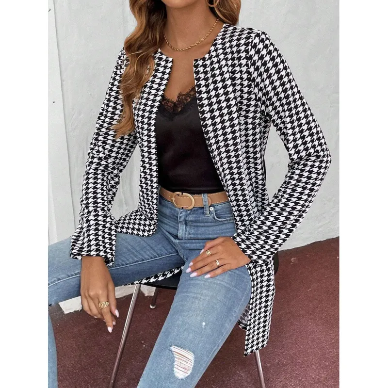 Women's Clothing Houndstooth Long Coat - Color