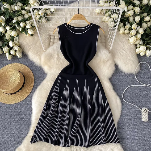 Simple Sleeveless Round neck Striped Knit Dress For Women Black - Shop at LoveMi