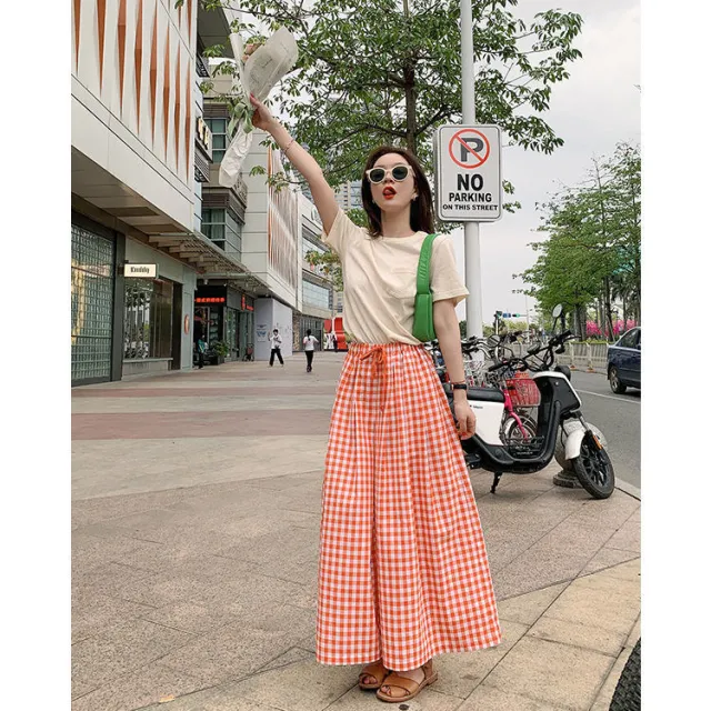 Summer Plaid Wide leg Cotton And Linen Culottes Elastic High Waist Slimming Orange White - Shop at LoveMi