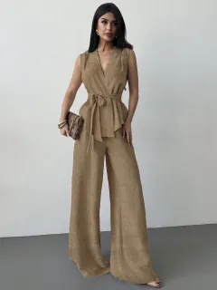Lace-up V-neck Vest Top And Pants Two-piece Set - Khaki - View 1