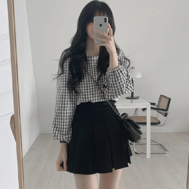 Plaid Women's Long sleeve Top Early Autumn Arrival Crew Neck Black - Shop at LoveMi
