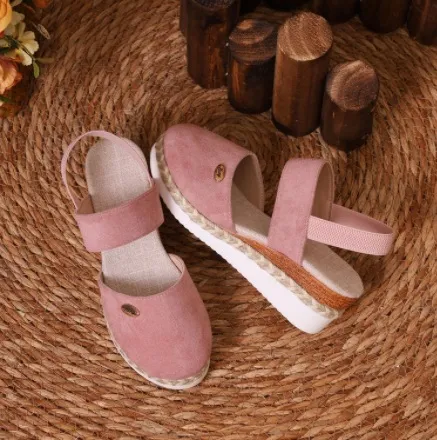Hemp Rope Wedges Sandals Summer Lightweight Braided Closed Toe Elastic Band Shoes For Women - Pink