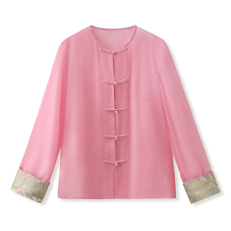 High end Embroidery Shirt Buckle Retro Thin Fashion Tops Women Pink - Shop at LoveMi