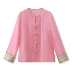 High-end Embroidery Shirt Buckle Retro Thin Fashion Tops Women - Pink - View 1