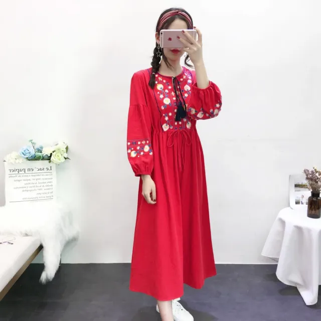 Retro Waist tight Cotton And Linen Half Sleeve Embroidery Dress Red - Shop at LoveMi