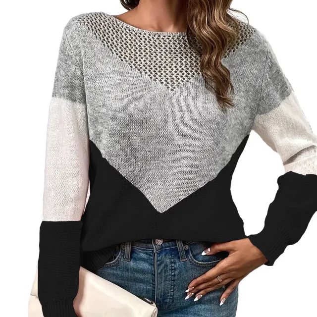 Hollow out Spliced Casual Contrast Color Crew Neck Pullover Sweater Black - Shop at LoveMi