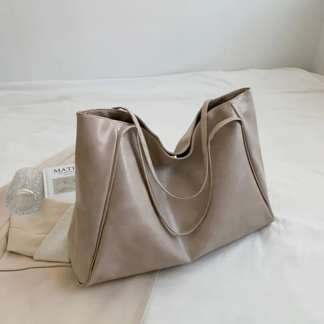 Glossy Large Capacity Commuter Retro Fashion Tote Bag Beige - Shop at LoveMi