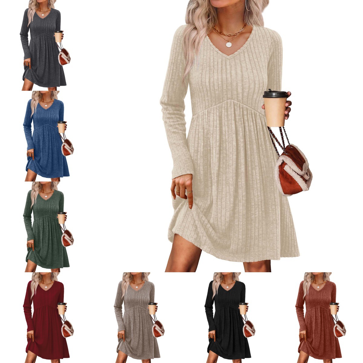 Ribbed, Brushed-Back Long-Sleeve Casual Pleated Pocket Dress