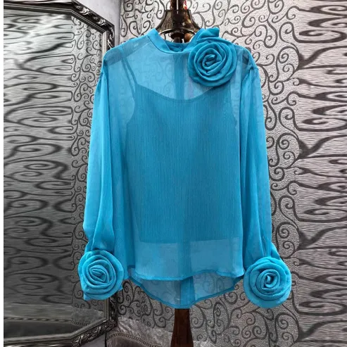 Three dimensional Plate Flower Stand Collar Long Sleeve Slightly See through Thin Two piece Shirt Blue - Shop at LoveMi