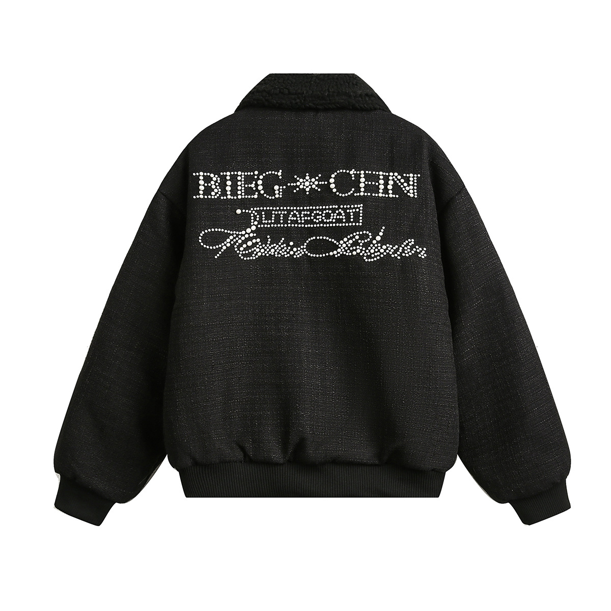 New Winter Fur Collar Fleece Woolen American Beaded Design Cotton-padded Coat