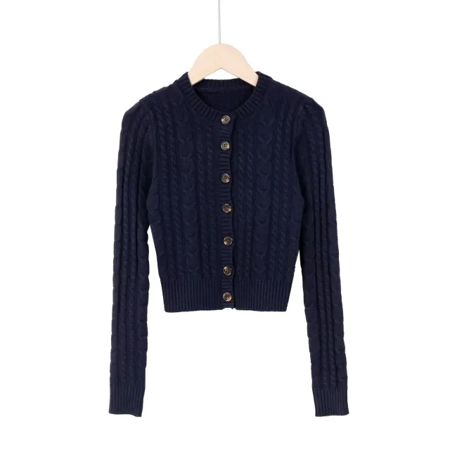 Women's American style Retro Button Twist Long sleeved Sweater Navy Blue - Shop at LoveMi