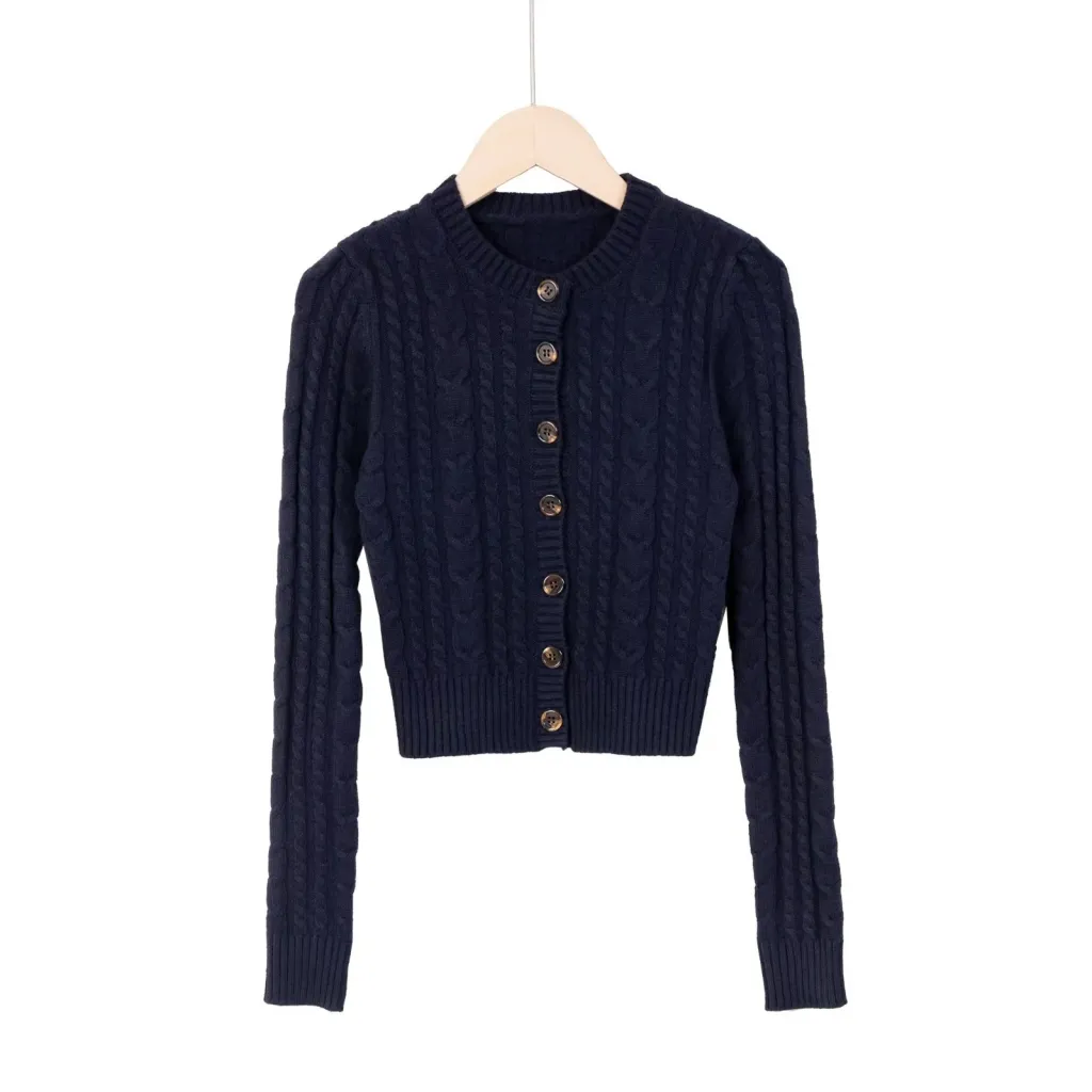 Women's American-style Retro Button Twist Long-sleeved Sweater - Navy Blue