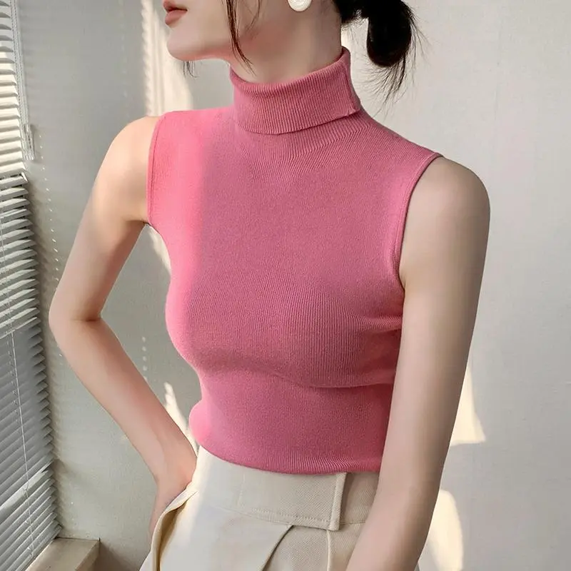 Turtleneck Knitting Vest Women's Sleeveless Bottoming Shirt - Red