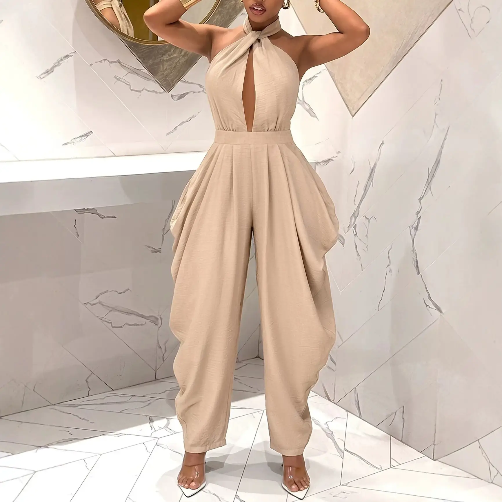 Halter-neck Crossover Backless Jumpsuit With Pleated Wide-leg Harem Pants