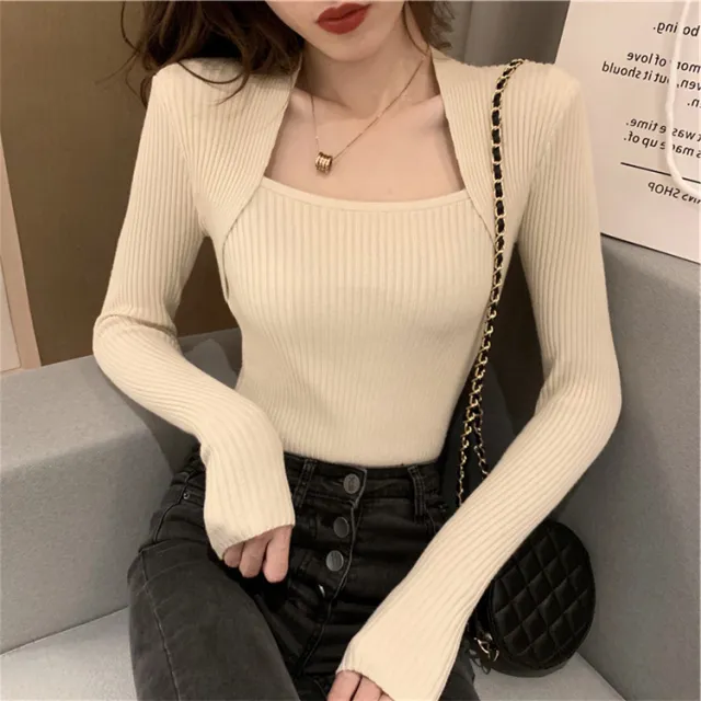 Women's Long sleeved Knitted Bottoming Shirt Trendy Fake Two Pieces Apricot - Shop at LoveMi