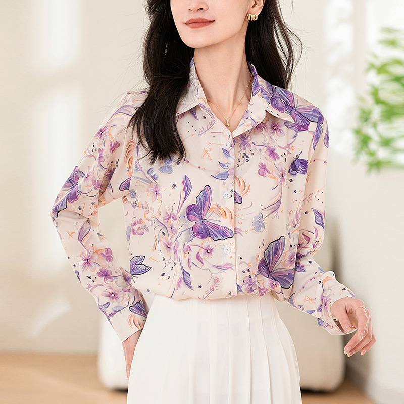 Design Sense Niche Long Sleeve Non ironing Draping Vertical And Smooth Printed Top Shirt 6897 Color Xl - Shop at LoveMi