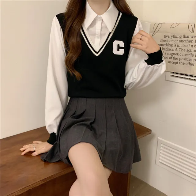 College Style Vest Autumn Outer Wear Knitted Sweater For Women Black - Shop at LoveMi