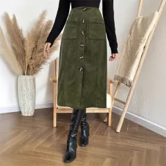 Leisure Commute Elastic Waist Breasted Patch Pocket Mock Fly Straight Mid-length Skirt - Army Green - View 1