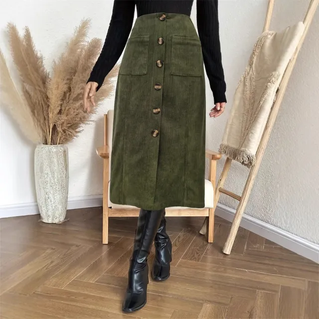 Leisure Commute Elastic Waist Breasted Patch Pocket Mock Fly Straight Mid length Skirt Army Green - Shop at LoveMi