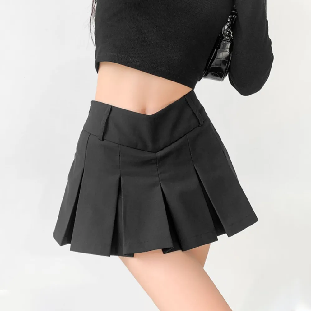 Women's Preppy Style Sexy V Waist Ultra Short Anti-exposure A- Line Skirt - Black