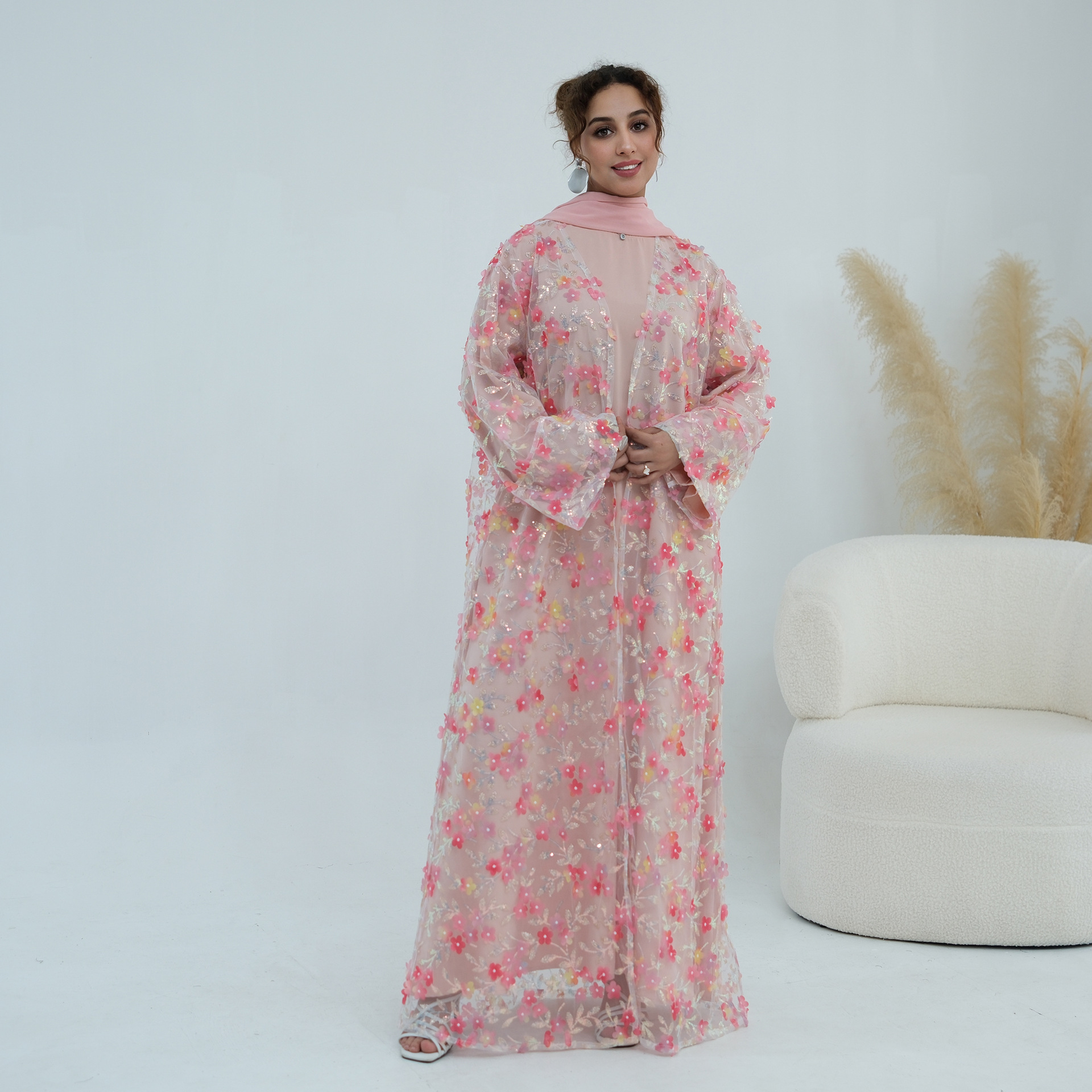 Three-piece Set 3D Floral-embroidered Cardigan Inner Top Headscarf