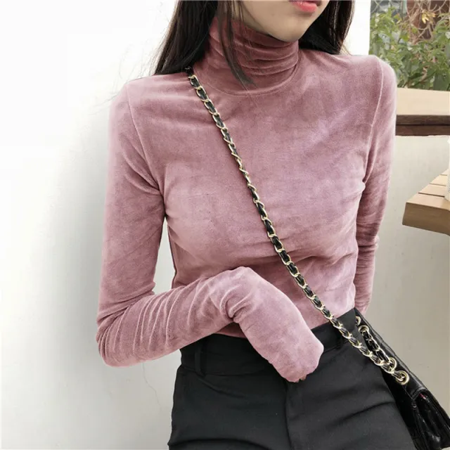 Fleece lined Thick Long sleeved T shirt Keep Warm Inner Match Turtleneck Top Pink - Shop at LoveMi