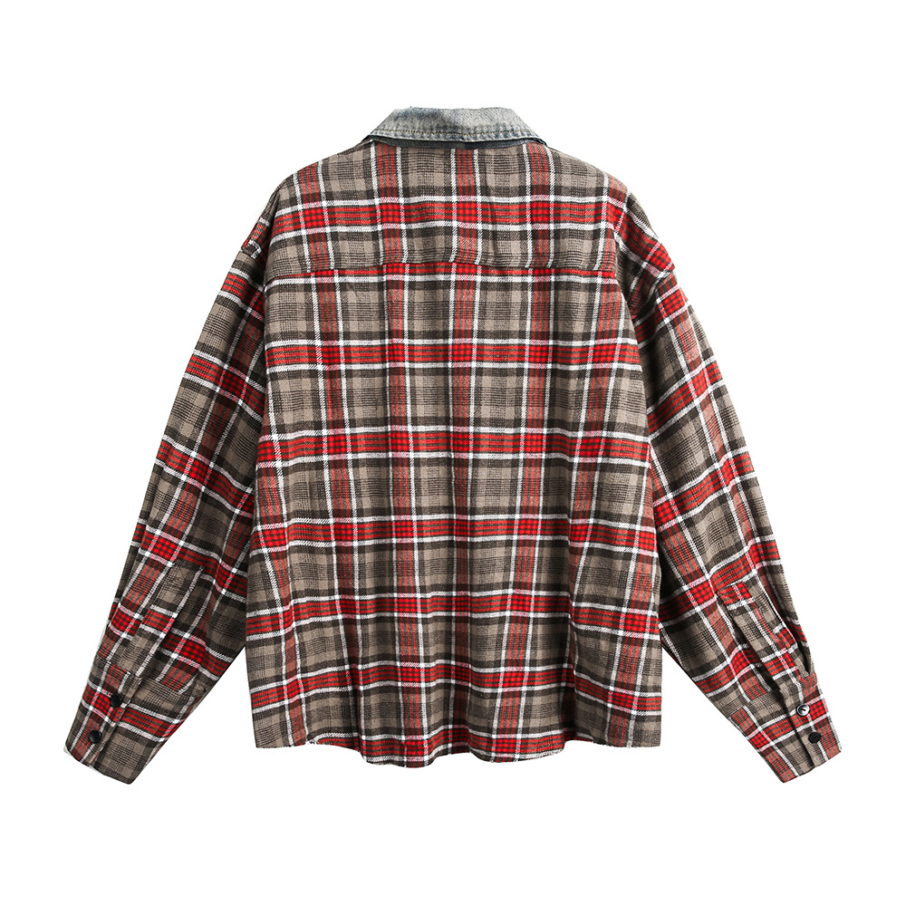 Mens Retro American-Style Plaid Loose-Fit Long-Sleeve Shirt