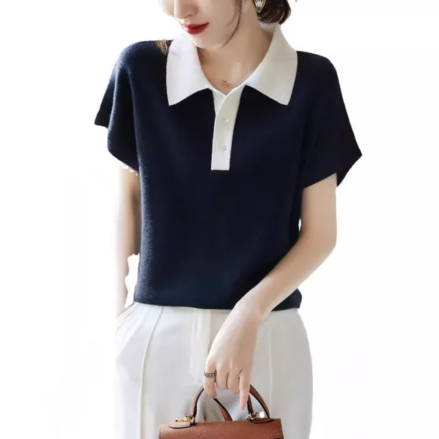 Women's Korean style Polo Collar Top Navy Blue - Shop at LoveMi