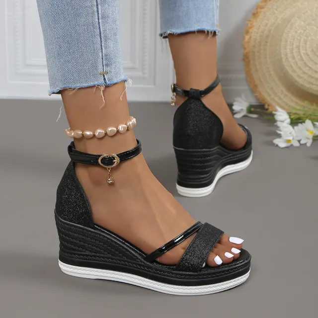 Women's Thick soled Peep Toe Buckle Rhinestone Bag Heel Muffin Sandals Black - Shop at LoveMi