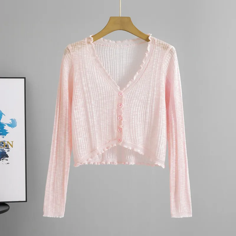 Women's Lace Knitted Cardigan Thin Type Sunscreen Outer Tops - Pink