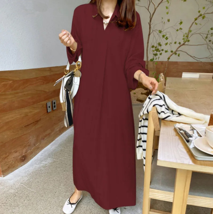 New Solid color Turn down CollarCotton linen Long sleeve Wine - Shop at LoveMi
