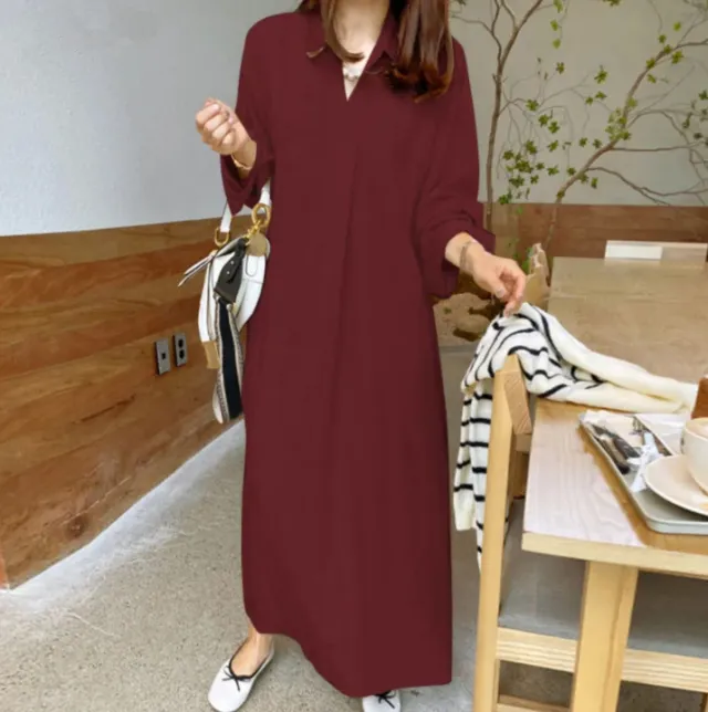 New Solid color Turn down CollarCotton linen Long sleeve Wine Red - Shop at LoveMi